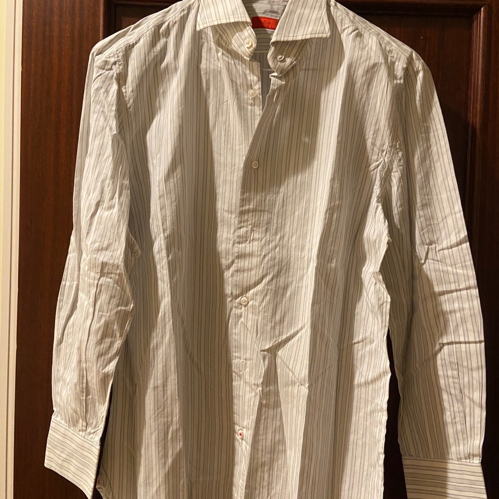 Isaia  Mens Dress Shirt
White Grey Size 16/41 Striped
100% Cotton